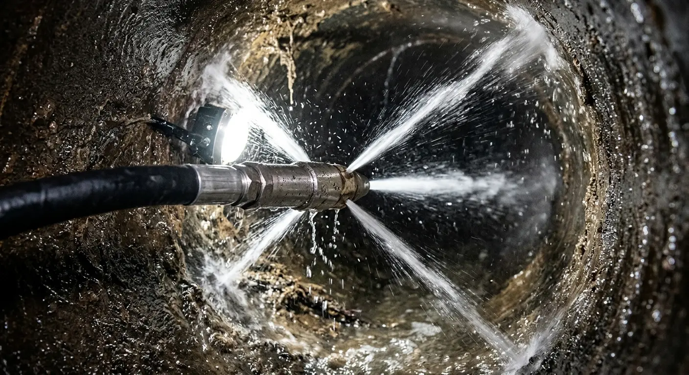 High-pressure hydro jetting nozzle cleaning sewer pipe for Sewer Cleanout in Leon Valley