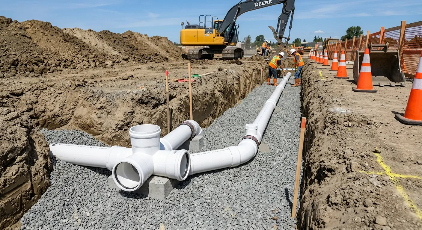 New PVC sewer pipe installation in open trench for Sewer Backup in Leon Valley