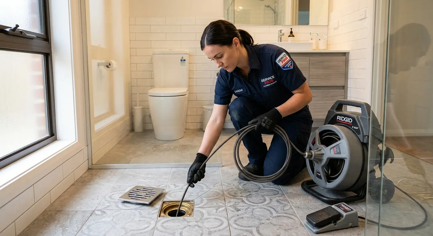 Technician clearing a bathroom floor drain for Drain Cleaning in Leon Valley